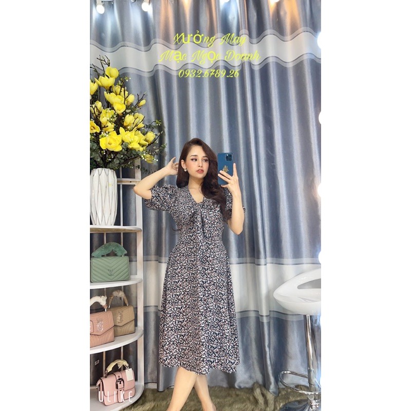 váy dài hoa nhí tay phồng thắt nơ dự tiệc | BigBuy360 - bigbuy360.vn