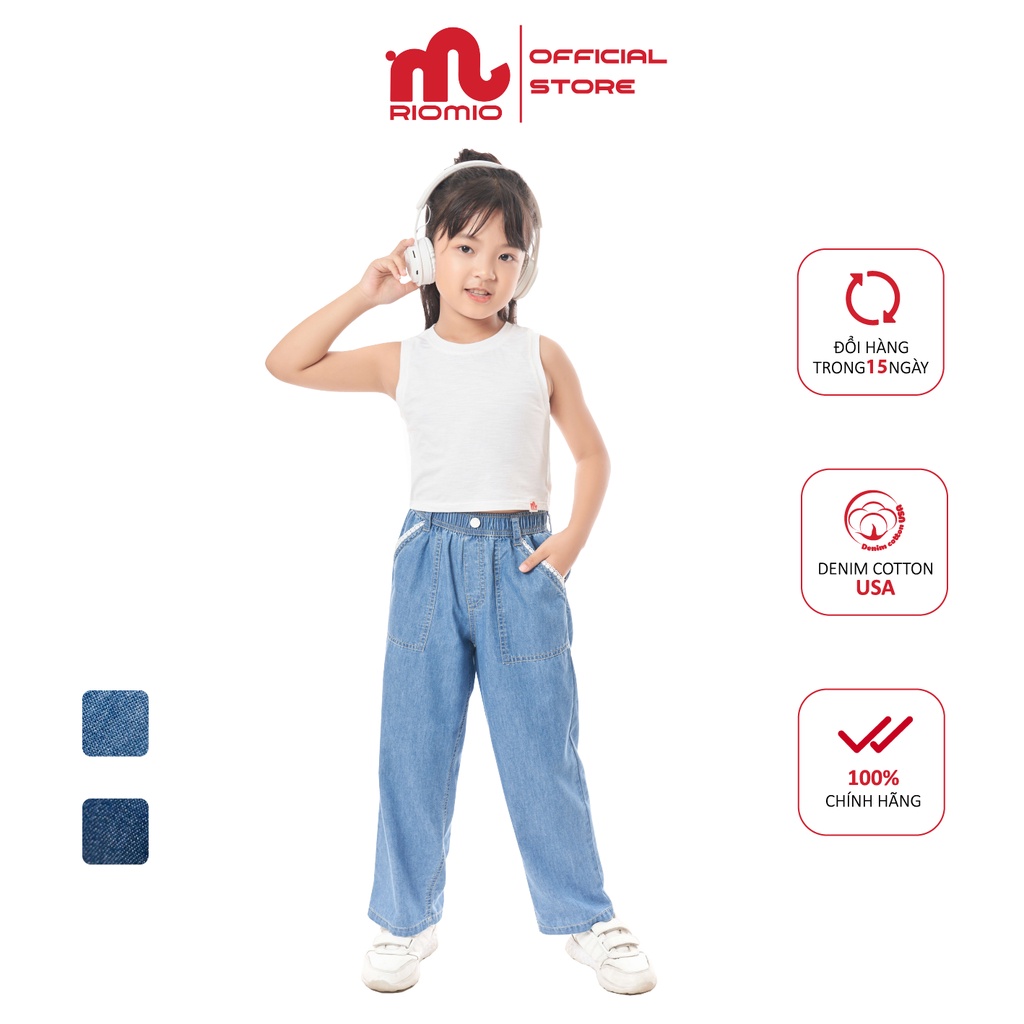 Quần jean cho bé gái 5-12 tuổi (20-50kg) ống rộng RIOMIO phối ren túi 100% cotton USA cao cấp - RO231