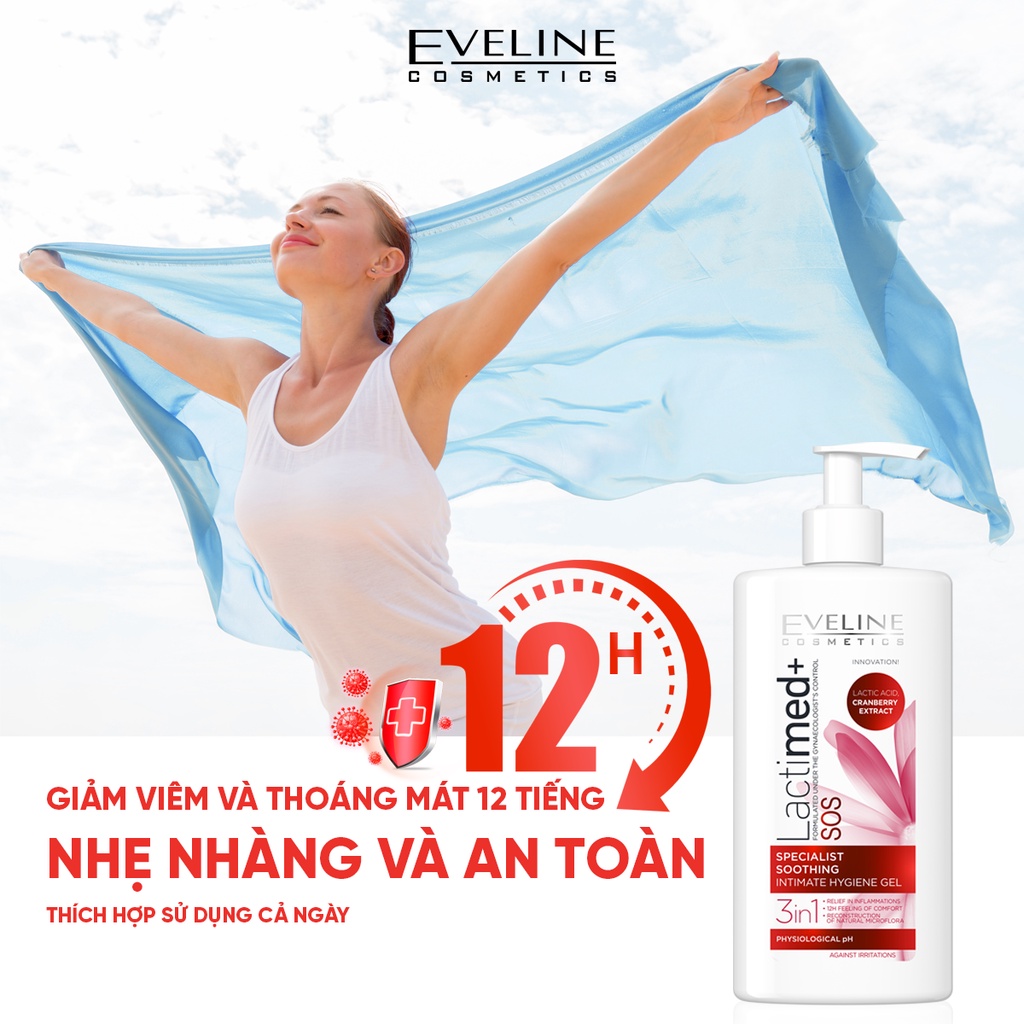 Gel Vệ Sinh Phụ Nữ Lactimed+ EVELINE 3 trong 1 Làm Sạch Giữ Ẩm Vùng Kín, Ngăn Ngừa Viêm Nhiễm Phụ Khoa - Chai 250ml