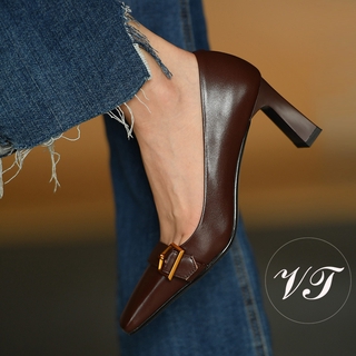 Giày cao gót mũi vuông gót to màu nâu phong cách pháp vintage