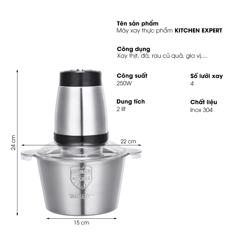 MÁY XAY THỊT KITCHEN EXPERT CỐI INOX 304 CÔNG SUẤT 250W DUNG TÍCH 2 LÍT DAO XAY 4 LƯỠI Boremart