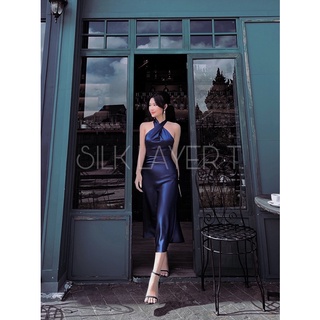 ĐẦM LỤA CỔ YẾM LALADY màu XANH ĐEN by SILK LAYER T.