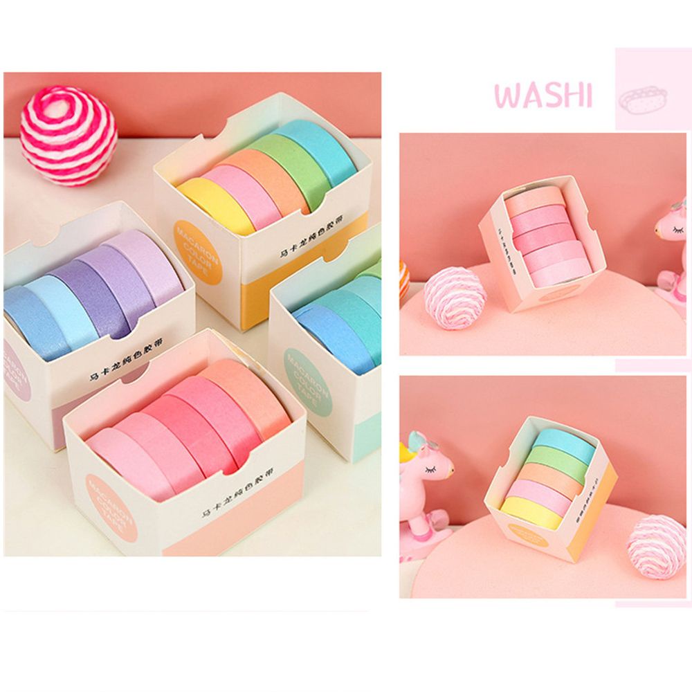 Hộp 5 cuộn băng dính washi màu sắc dễ thương trang trí đa dụng