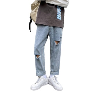 Quần Jean Baggy nam ,quần bò ống rộng xanh sky rách đùi+ rách gối+ Gấu style phong cách hàn quốc