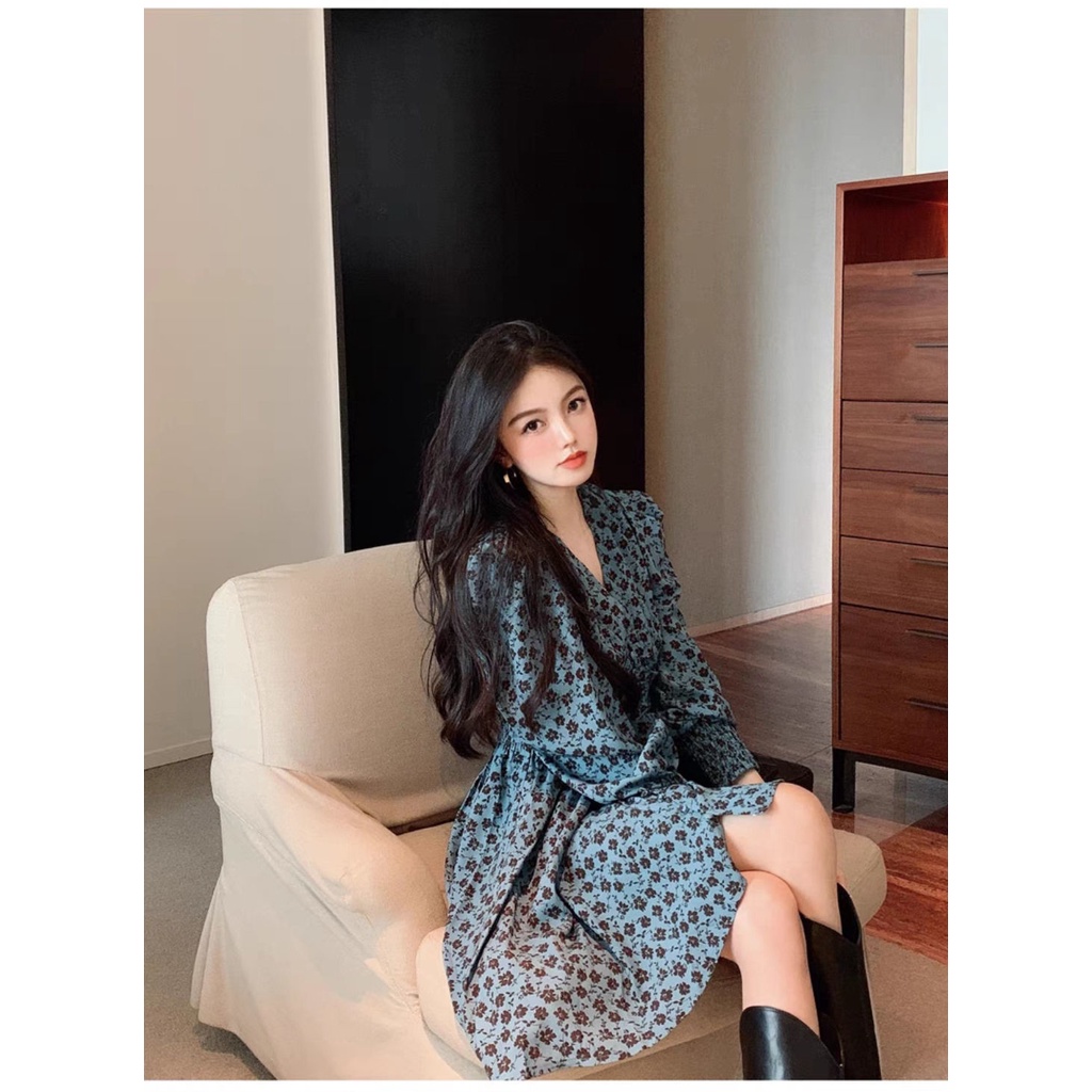 Đầm tay phồng cổ chữ V in họa tiết hoa phong cách retro Pháp mới năm 2021