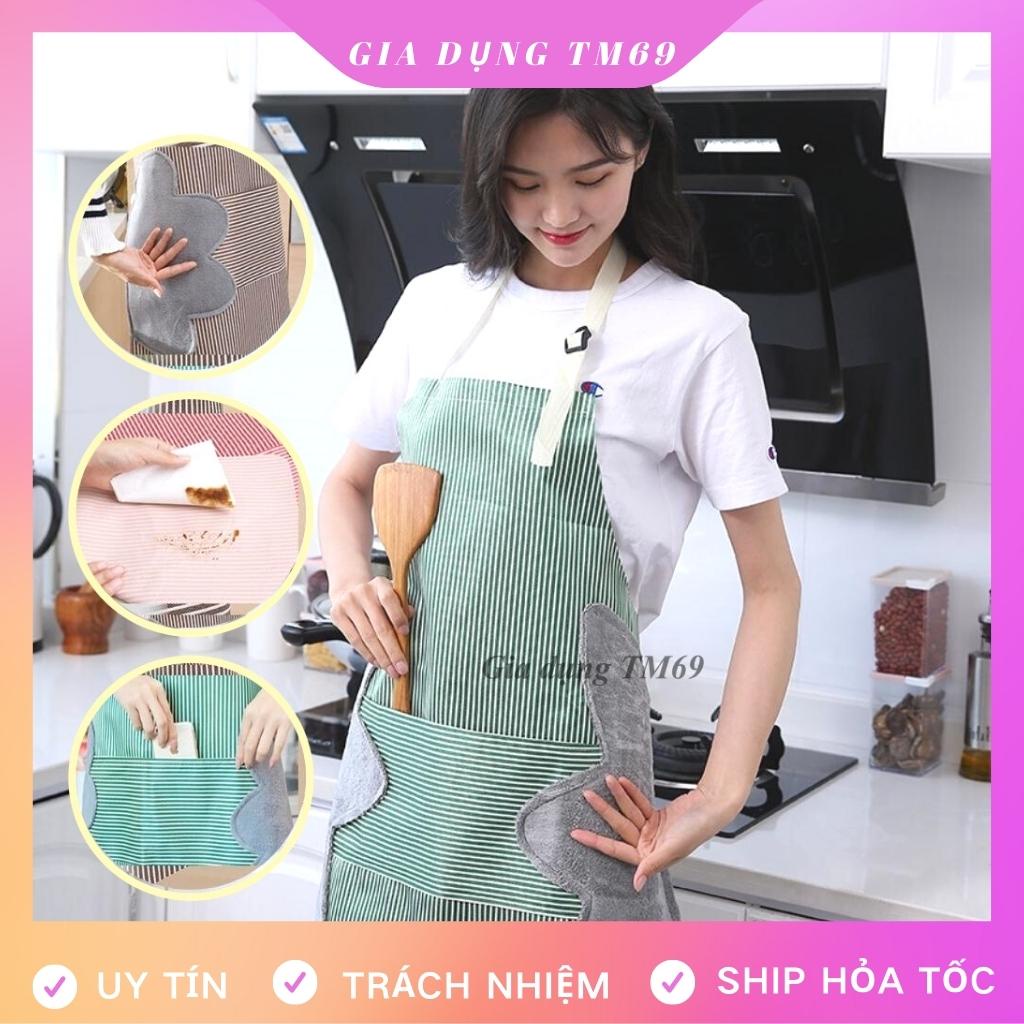 Tạp Dề Nấu Ăn Chống Thấm Nước Vải Kẻ Hoa Dễ Thương Có Túi Nail Pha Chế Cao Cấp Có Chỗ Lau Tay