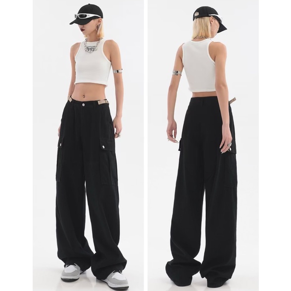 Quần Dài Ống Đứng Màu Sắc Đơn Giản Phong Cách Retro Cho Nam Nữ Quần Yếm unisex lưng cao