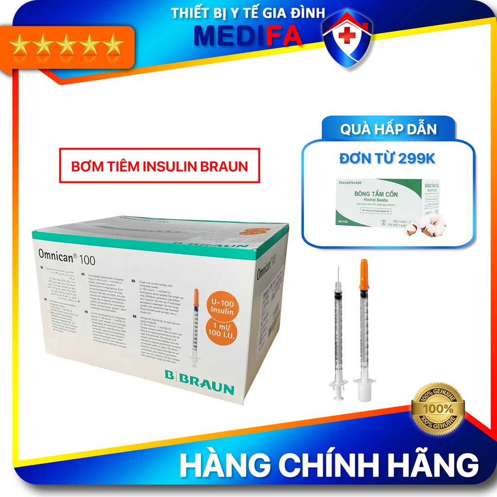 Hộp 100 Kim tiêm tiểu đường Omnican Braun - Bơm tiêm tiểu đường 1ml/100 U.I
