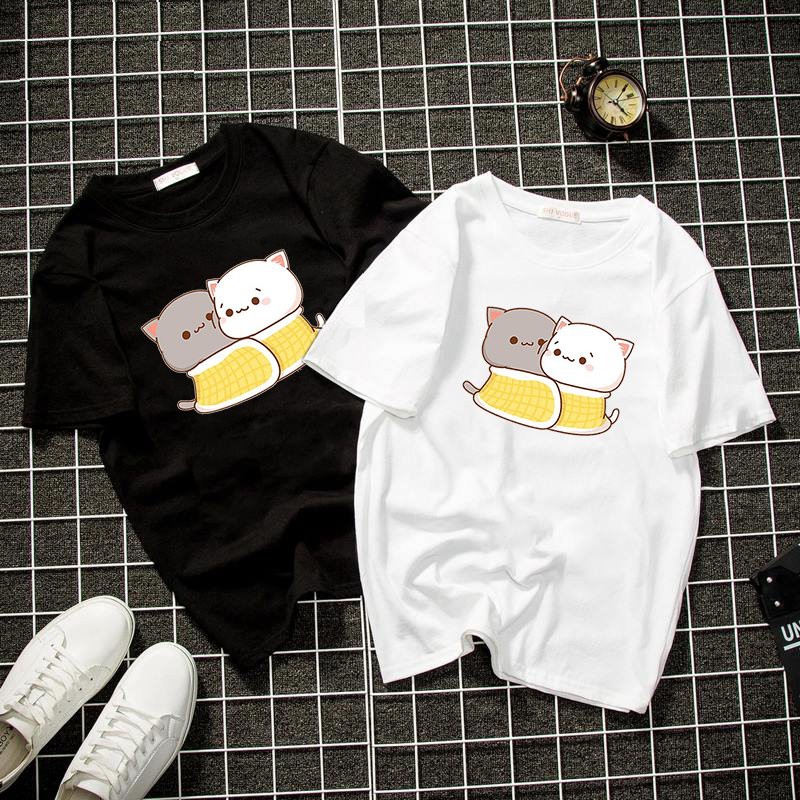 Áo thun form rộng unisex mèo và bạn dễ thương vải dày mịn 2019T22068