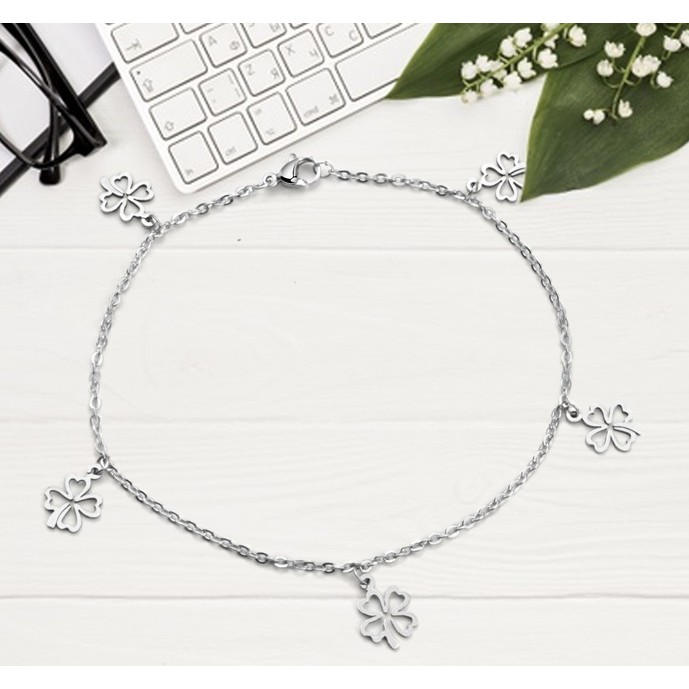 Lắc chân nữ inox cỏ bốn lá cách điệu