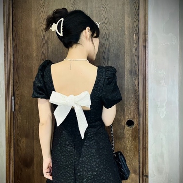 (HÀNG SẴN - HÌNH THẬT) Váy gấm xốp tiểu thư - Váy thắt nơ lưng xinh xắn phong cách Hàn Quốc