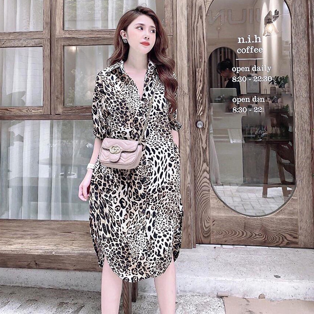 Đầm suông sơ mi da beo lượt đuôi tôm