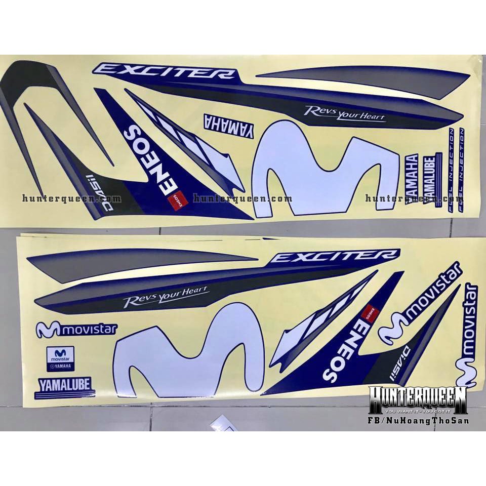 Tem in UV cao cấp. Exciter 150 Movistar xanh GP 2018. Decal tem xe ép nhiệt kích thước chuẩn.
