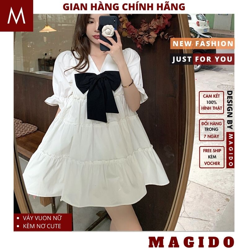 Váy Babydoll Nữ Dáng Xoè 💚 Đầm Nữ Tay Bồng Cổ Nơ Siêu Xinh  ,chất cực mát , bánh bèo MAGIDO