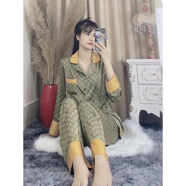 bộ pijama lụa qccc gucci xanh vàng