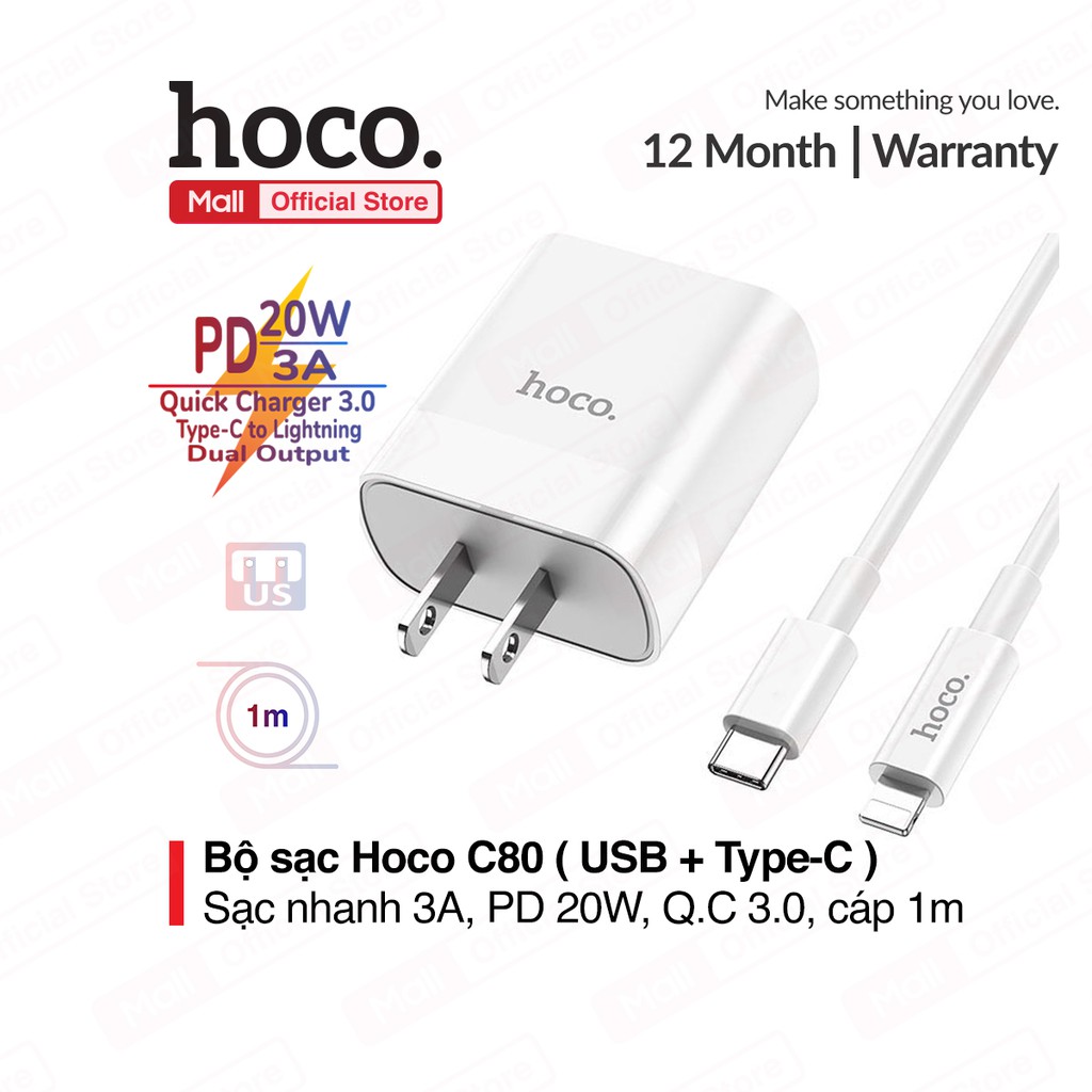 Bộ sạc Hoco C80 ( kèm cáp Type-C to Lightning ) củ sạc 2 cổng ( 1 USB A + Type-C ) PD 20W, Q.C 3.0, sạc nhanh 3A