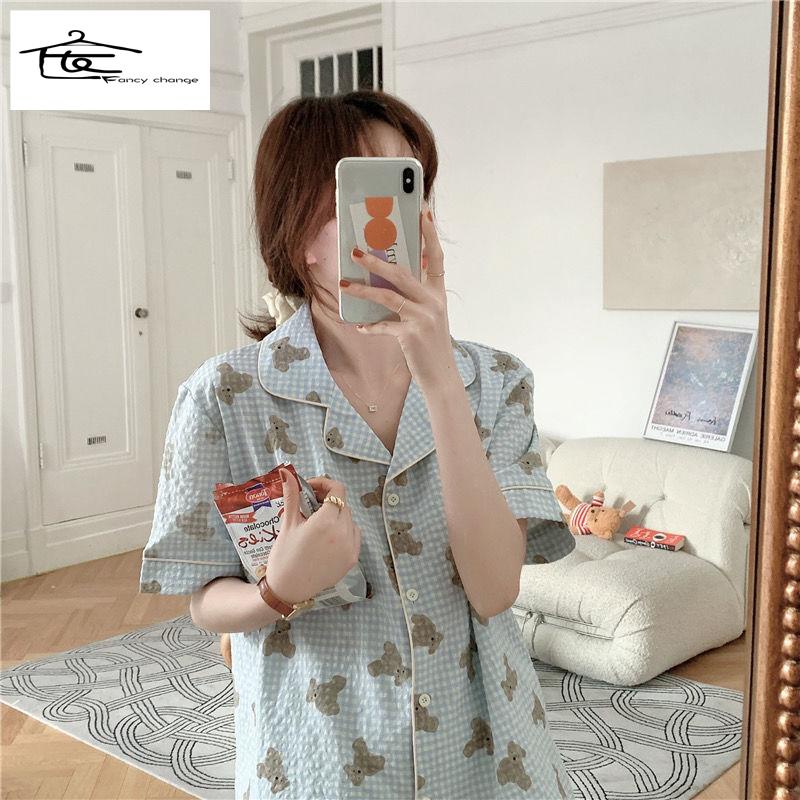 Bộ Đồ Ngủ Tay Ngắn Họa Tiết Sọc Caro In Hình Gấu Dễ Thương Phong Cách Nhật Bản Cho Nữ