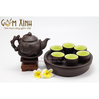 Ấm chén Bát Tràng_Bộ trà gốm tử sa hoa văn đắp nổi kèm khay 2 lớp