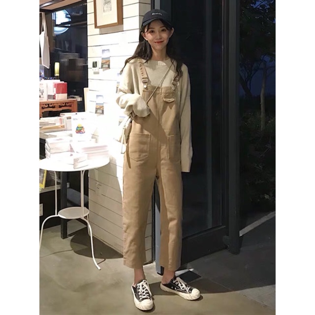 [KÈM ẢNH THẬT + SẴN] quần yếm kaki dài túi ngực ulzzang hàn quốc basic màu be đậm