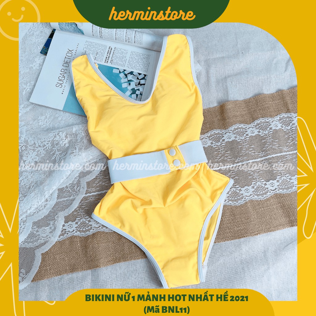 Bikini nữ 1 mảnh - Đồ bơi nữ liền thân màu vàng trơn có đai eo cực tôn dáng cho mùa hè 2021- Mã BNL11