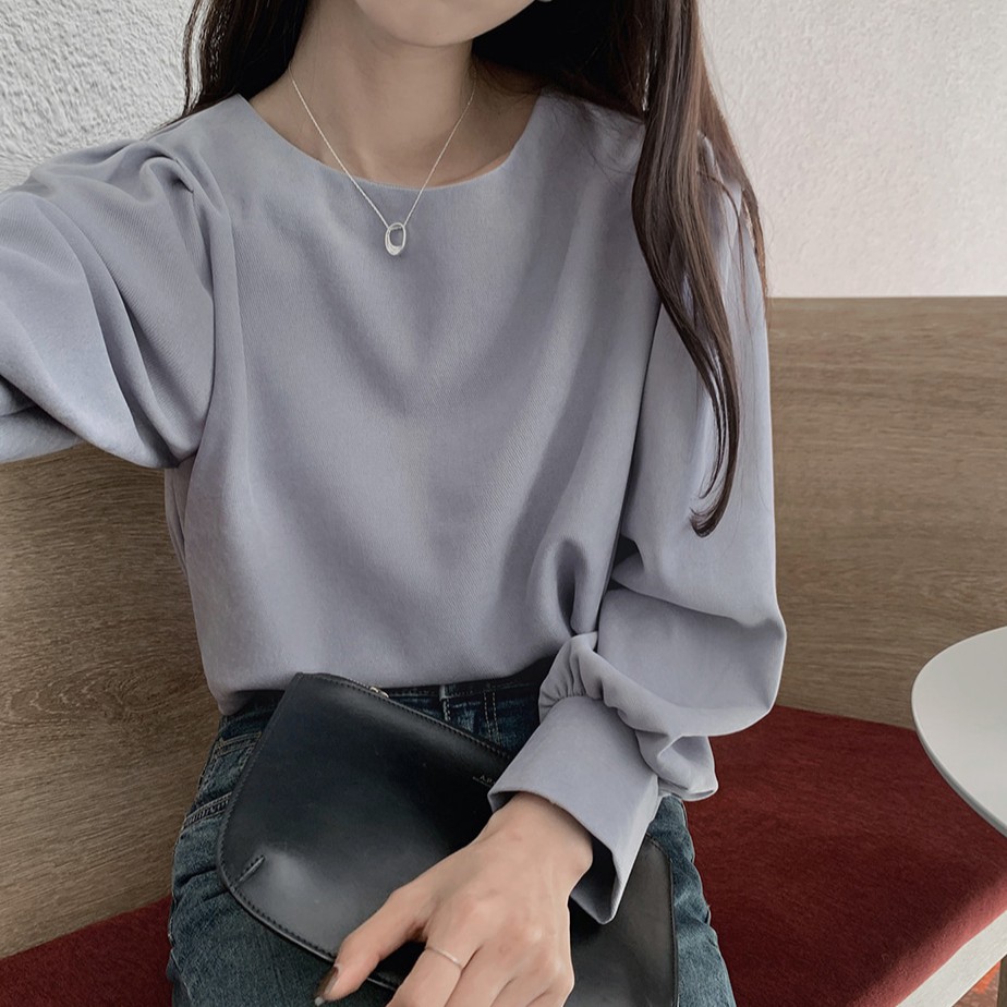 Áo sơ mi nữ cổ tròn dài tay màu trơn đơn giản 38654