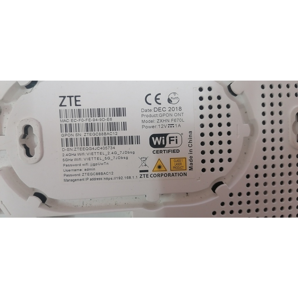 Modem Wifi Quang ZTE Viet.tel ZXHN-F671Y, ZXHN-F670Y, ZXHN-F670L Hai Băng Tần 2.4G và 5G (Cũ).