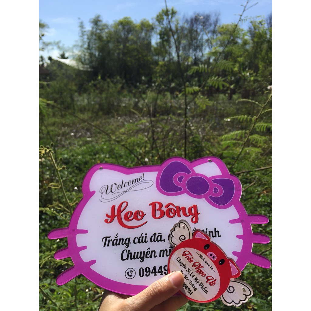 Bảng hiệu mica - Mẫu Hello Kitty - in thông tin shop online - Free thiết kế