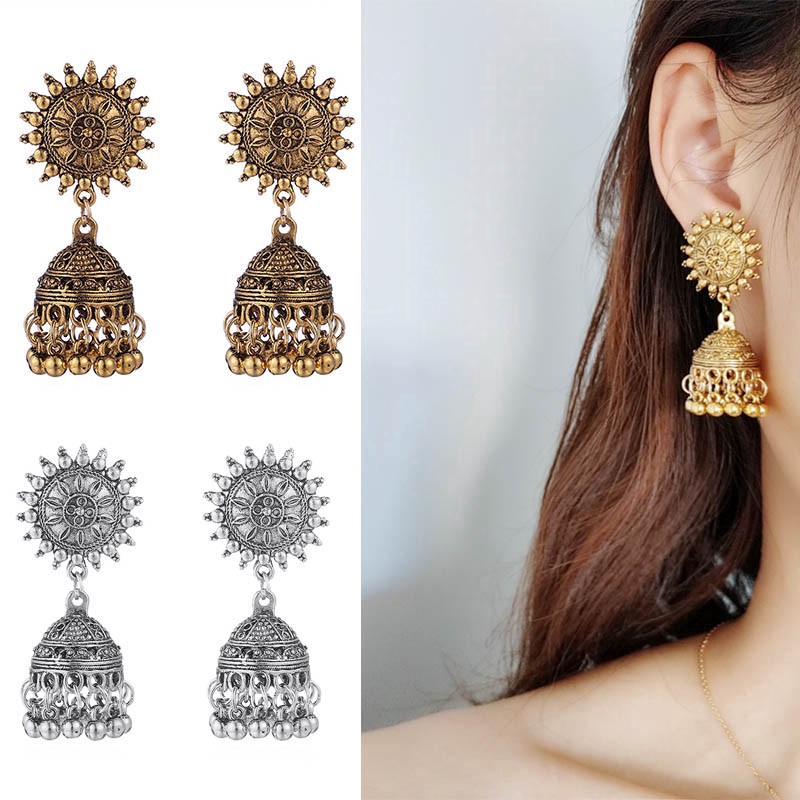 Khuyên tai kim loại hình mặt trời phối tua rua phong cách vintage
