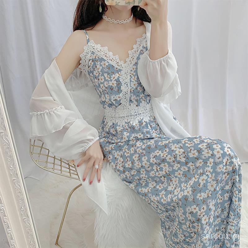 Đầm Maxi Chiffon Hai Dây Phối Ren Hoa Thời Trang Phv9