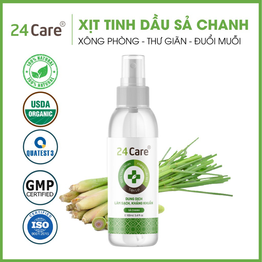 Xịt khử mùi thơm phòng Sát Khuẩn Sả Chanh 24care 100ml - kháng khuẩn, khử mùi hôi, đuổi muỗi, côn trùng