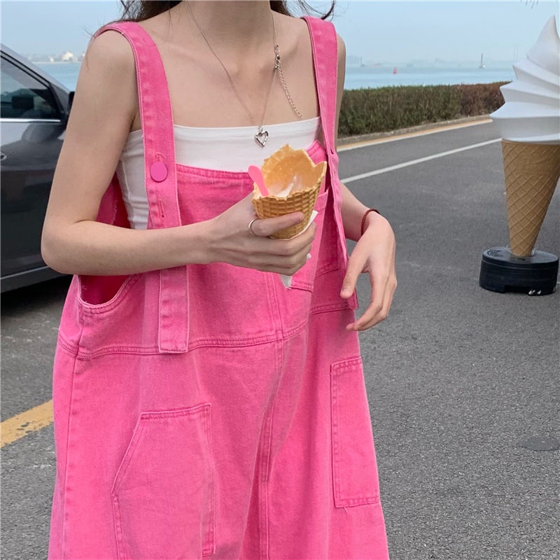 Đầm Yếm denim Dáng Rộng Màu Hồng Thời Trang Mùa Hè Xinh Xắn Cho Nữ
