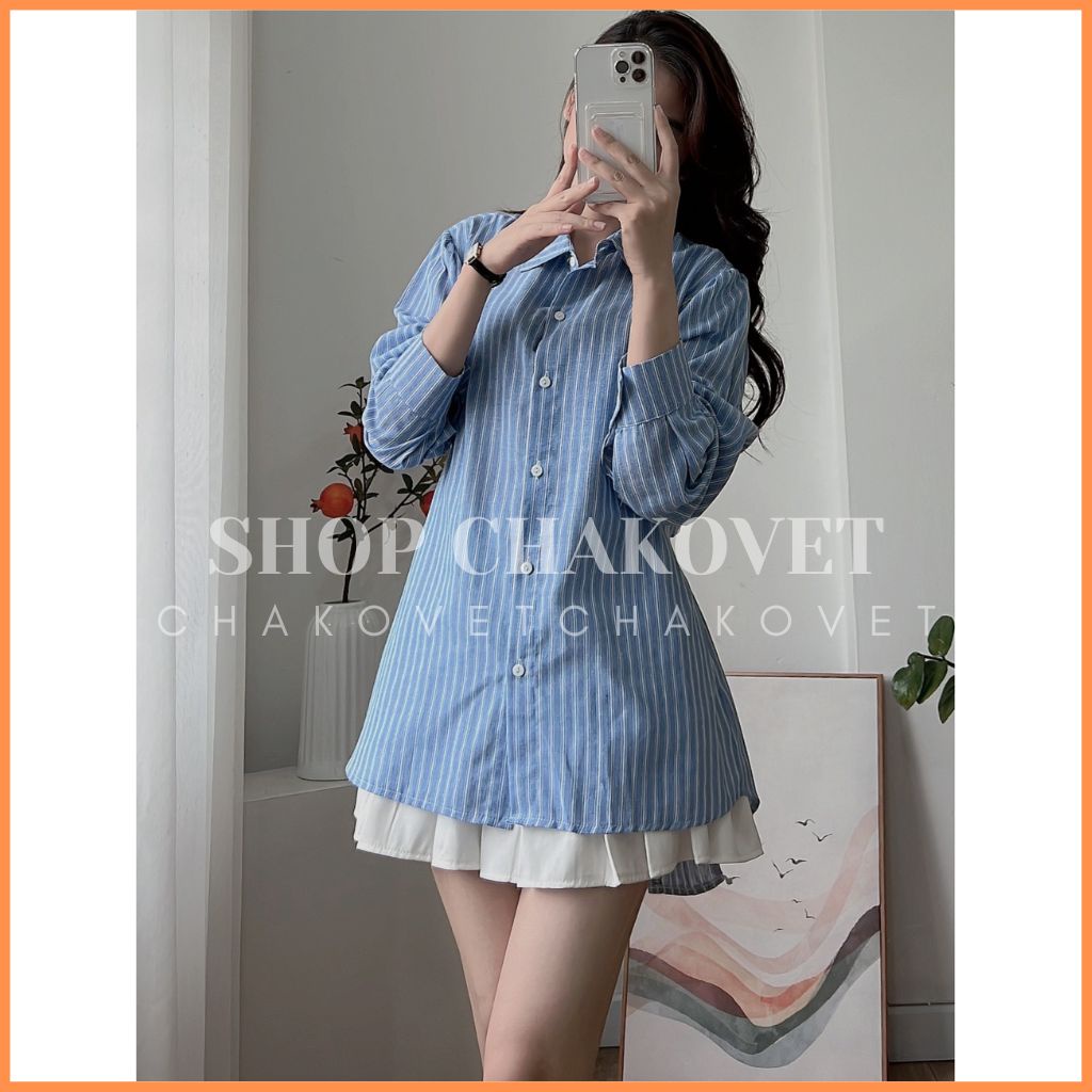 Áo sơ mi nữ dài tay A8356 Áo kiểu kẻ sọc thiết kế xẻ lưng học sinh công sở style Hàn Quốc mặc cực cá tính - CHAKOVET