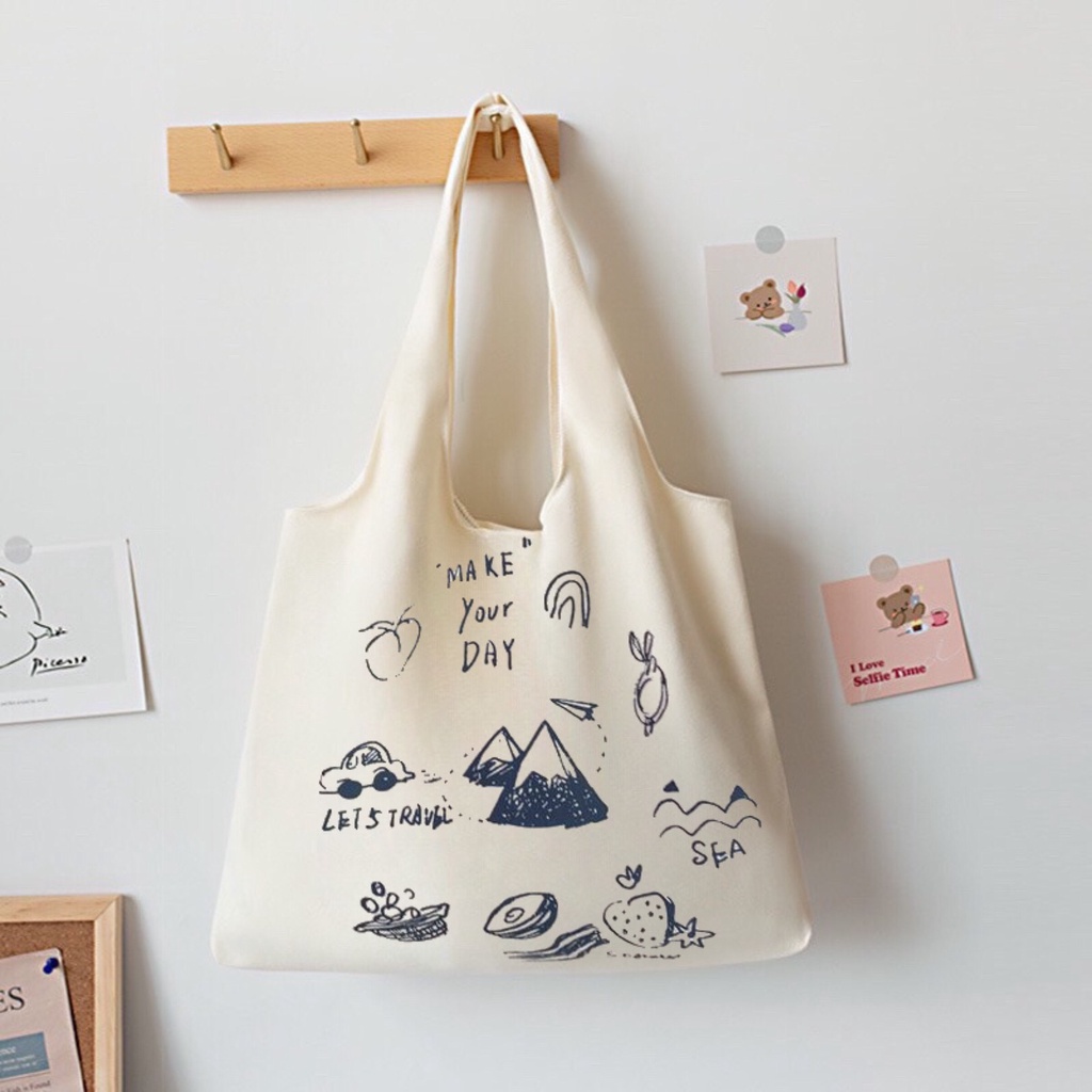 Túi tote Hazin túi vải canvas nữ Make Your Day đựng vừa laptop cỡ lớn đeo vai phong cách ulzzang