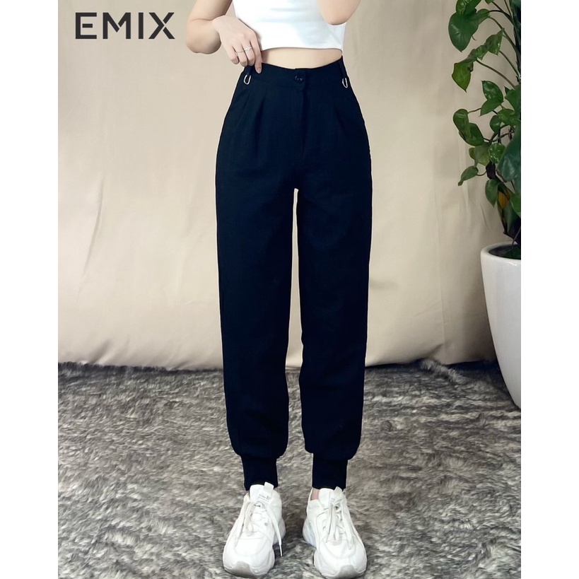 Quần jogger nữ bo gấu EMIX (màu đen), thể thao, dáng dài 90cm, chất đũi mềm mát, ít nhăn, không bai màu 911