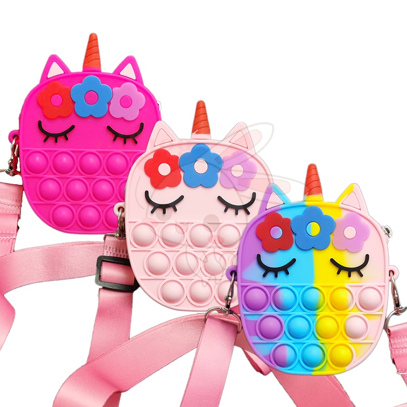 Túi Silicon đựng tiền xu đeo vai hình kỳ lân tích hợp đồ chơi ấn bong bóng vui nhộn dành cho trẻ em