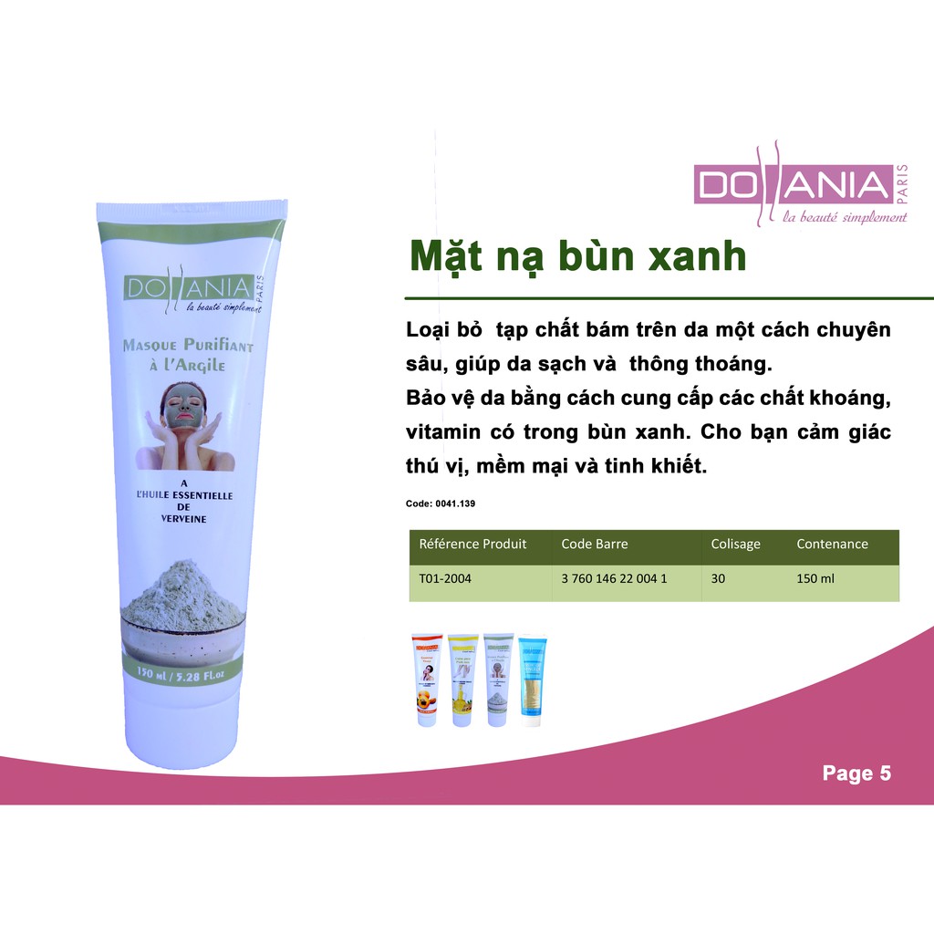 Mặt nạ đất sét tinh khiết thiên nhiên Dollania cho làn da tươi sáng mịn màng 150ml