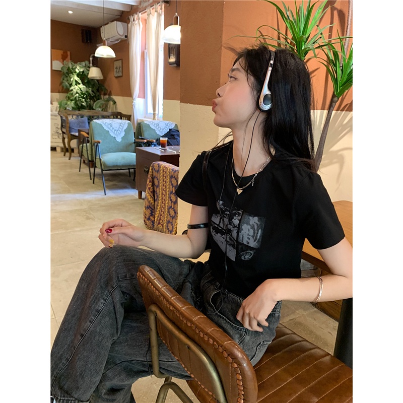 Áo thun XIAOZHAINV tay ngắn dáng ôm phong cách retro Hàn Quốc cho nữ