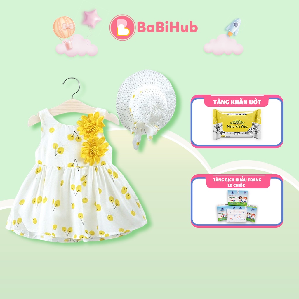 Đầm cho bé gái kèm mũ đính hoa, Váy cho bé gái 0-2 tuổi chất cotton mềm dáng xòe họa tiết cherry đáng yêu_20040981