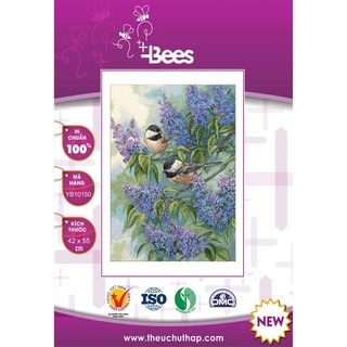 Mẫu thêu chữ thập hoa lilac và chim sẻ