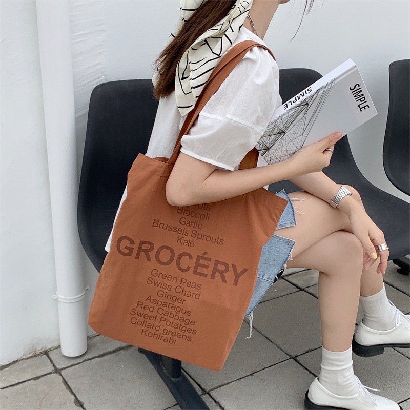 Túi Tote Vải Canvas In Chữ Grocery Phong Cách Hàn Quốc