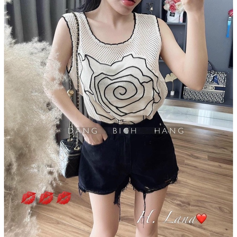 Áo len hoa sát nách viền đen, kèm ảnh thật chụp sàn