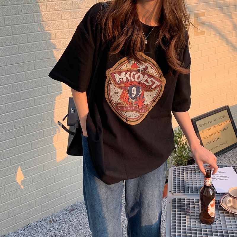 Áo thun SUXI ngắn tay cổ tròn dáng rộng in họa tiết cổ điển thời trang mùa hè cho nữ