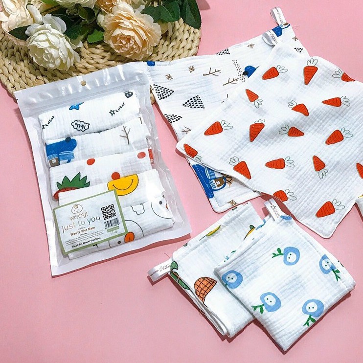 Khăn sữa Wooyi 4 lớp cotton mềm mịn cho bé (Set 5)