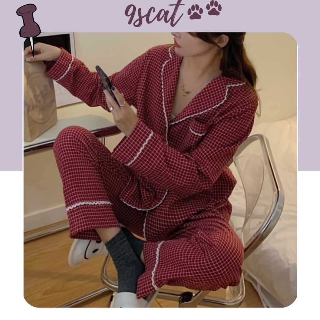 BN2_Bộ Ngủ pijama, đồ mặc nhà dài tay kẻ caro đỏ cao cấp