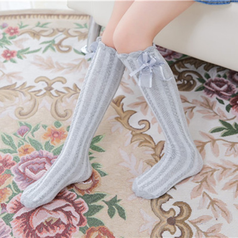 Vớ cotton dài cổ xếp ly đính nơ xinh xắn cho bé gái