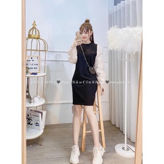 VÁY LEN ZIP PHỐI TAY SƠ MI ĐŨI ( không kèm túi )