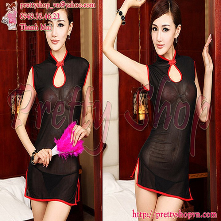 Đầm ngủ sườn xám DN020 thun lưới mỏng sexy cổ khoét giọt nước kèm quần lót nhỏ