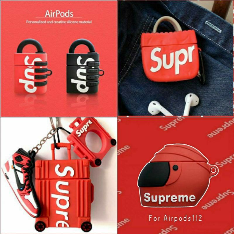 (Order 7 ngày) Case bảo vệ Airpods 1/2/i9s/i10/i11 ổ khóa/ vali/ mũ bảo hiểm/ túi xách supreme đỏ đen