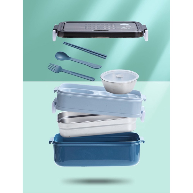 Hộp đựng cơm giữ nhiệt 2 tầng khay inox 304 cao cấp- kèm chén soup và muỗng đũa nĩa