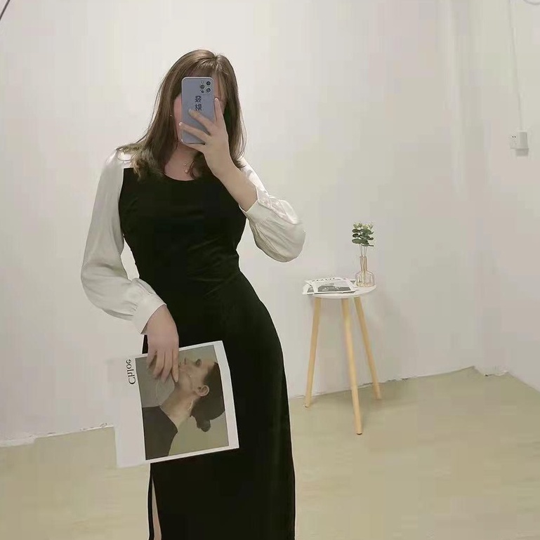 Váy nữ đẹp body nhung dáng dài phối tay voan trắng xẻ tà trẻ trung thanh lịch kiểu dáng Hàn Quốc NITEHY 19